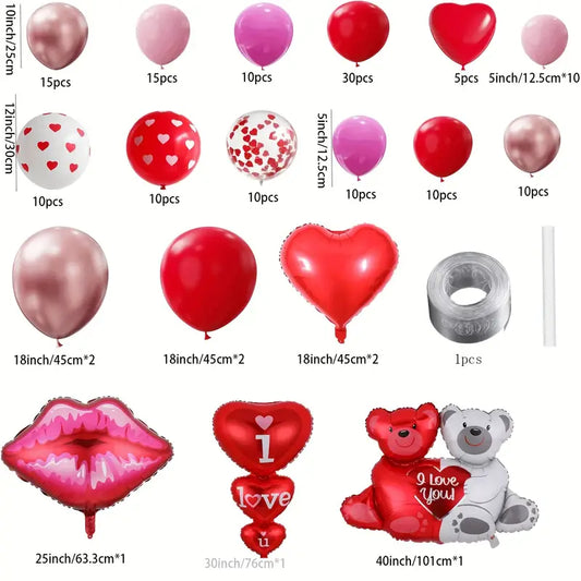 155pcs Valentine's Day Balloon Wreath Arched Suit With Red Rose Golden Latex Heart-shaped Balloon With Big Red Lips And Bear, Suitable For Valentine's Day Engagement Wedding Decoration