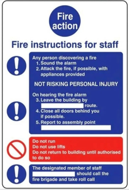 Emergency Escape fire instructions to staff sign